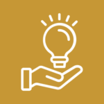 White outline of a hand holding a lightbulb with rays, symbolizing an idea, on a golden background.