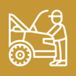 Icon of a person with a hat examining a car engine, shown as a simplified line drawing on a mustard background.