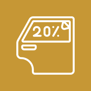 White outline of a car door with a "20%" sticker on the window against a brown background.