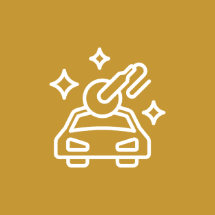 Car icon with a large key above it and sparkles, on a gold background.