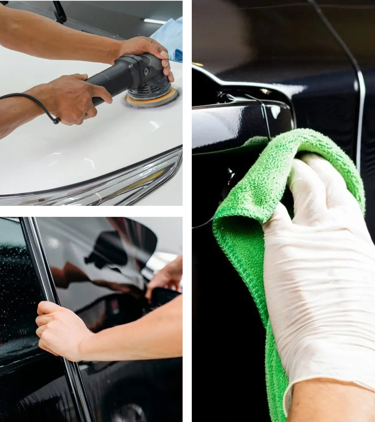 Car detailing: polishing, washing, and wiping.
